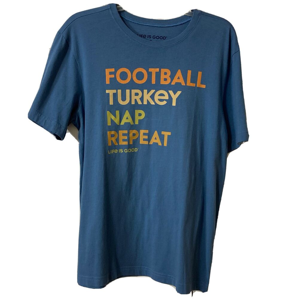 Football Thanksgiving Top Life is Good T-Shirt Mens Blue Graphic
